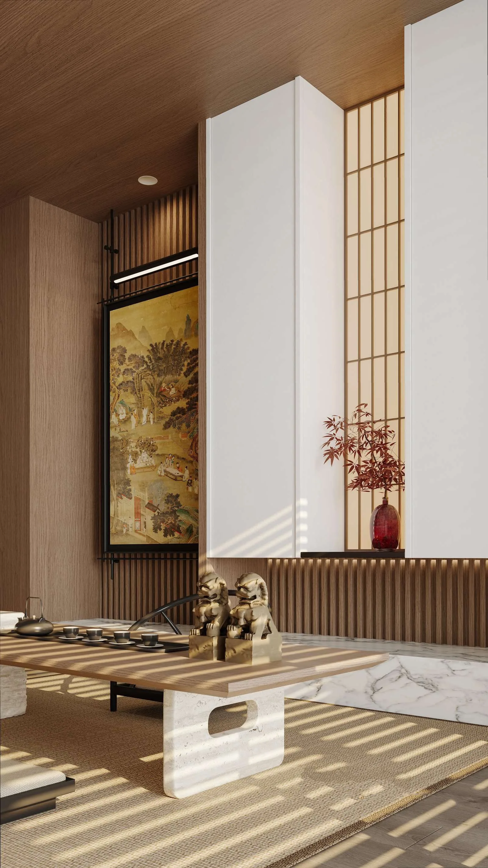 新中式意式轻奢客厅实景:木质天花板与竖条墙板、白色柜体、木质格栅窗、金色狮子摆件、木质茶几、大理石台面